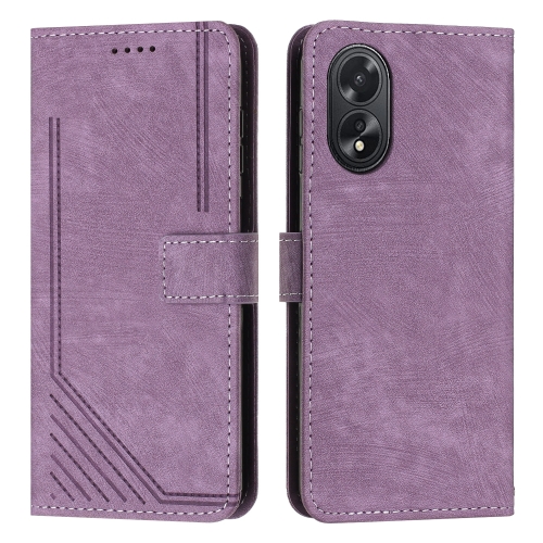 

For OPPO A38 Skin Feel Stripe Pattern Leather Phone Case with Lanyard(Purple)