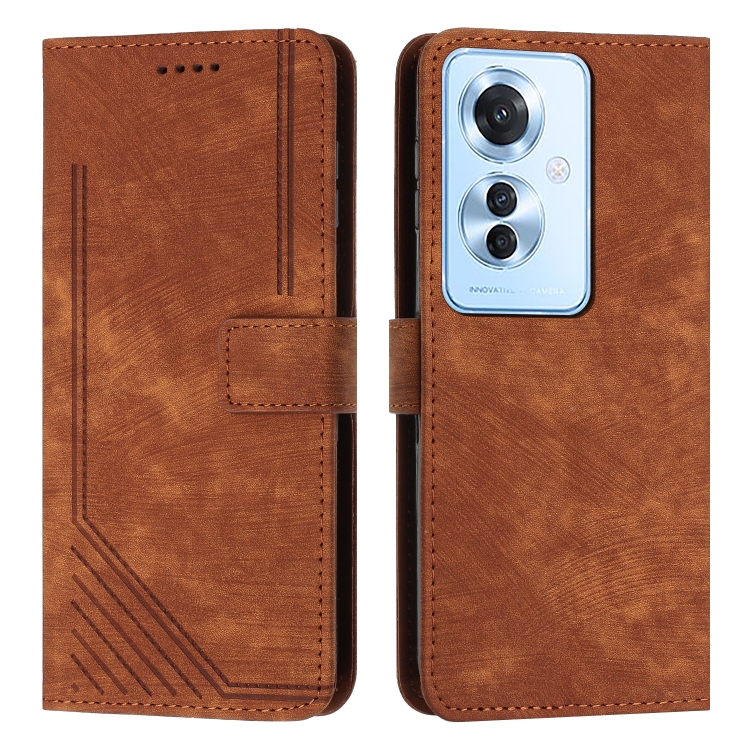 

For OPPO Reno11 F Skin Feel Stripe Pattern Leather Phone Case with Lanyard(Brown)