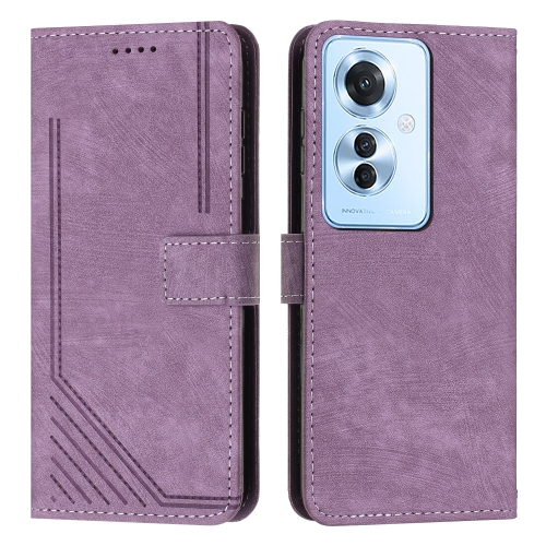 

For OPPO Reno11 F Skin Feel Stripe Pattern Leather Phone Case with Lanyard(Purple)