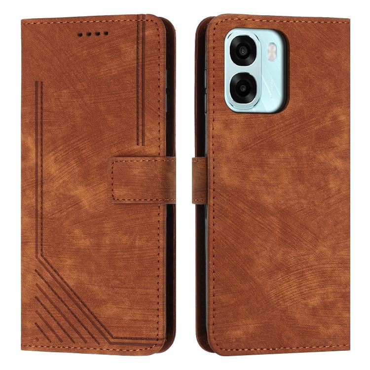 

For OPPO A6x 5G / A6 5G Skin Feel Stripe Pattern Leather Phone Case with Lanyard(Brown)