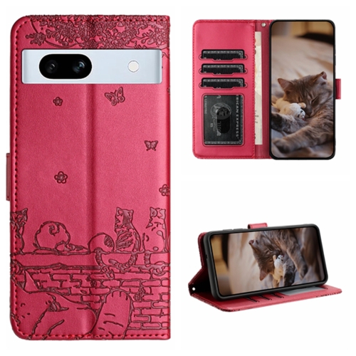 

For Google Pixel 7a Cat Embossing Pattern Leather Phone Case with Lanyard(Red)
