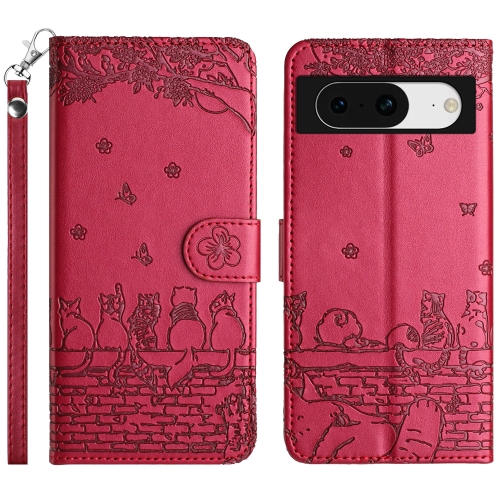 

For Google Pixel 8 Cat Embossing Pattern Leather Phone Case with Lanyard(Red)