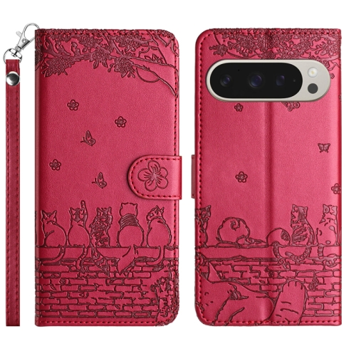 

For Google Pixel 9 Pro XL Cat Embossing Pattern Leather Phone Case with Lanyard(Red)