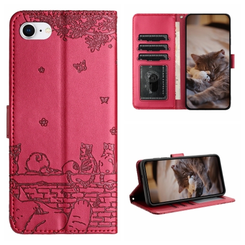 

For iPhone 7 / 8 / SE 2020 / SE 2022 Cat Embossing Pattern Leather Phone Case with Lanyard(Red)