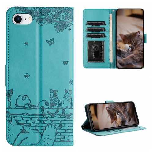 

For iPhone 7 / 8 / SE 2020 / SE 2022 Cat Embossing Pattern Leather Phone Case with Lanyard(Blue)