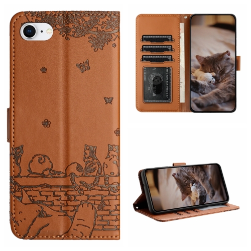 

For iPhone 7 / 8 / SE 2020 / SE 2022 Cat Embossing Pattern Leather Phone Case with Lanyard(Brown)