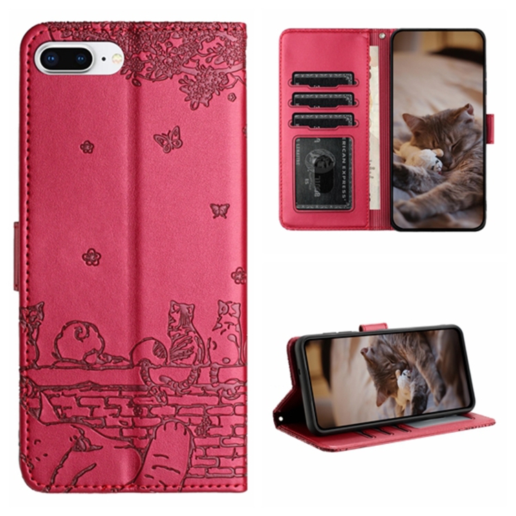 

For iPhone 7 Plus / 8 Plus Cat Embossing Pattern Leather Phone Case with Lanyard(Red)