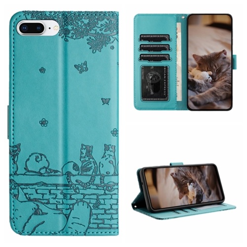 

For iPhone 7 Plus / 8 Plus Cat Embossing Pattern Leather Phone Case with Lanyard(Blue)