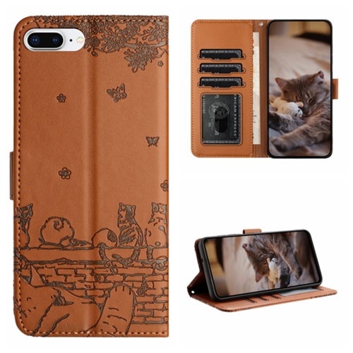 

For iPhone 7 Plus / 8 Plus Cat Embossing Pattern Leather Phone Case with Lanyard(Brown)