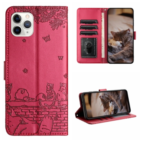 

For iPhone 11 Pro Cat Embossing Pattern Leather Phone Case with Lanyard(Red)