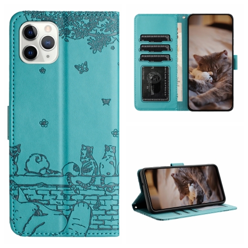 For iPhone 11 Pro Cat Embossing Pattern Leather Phone Case with Lanyard(Blue)