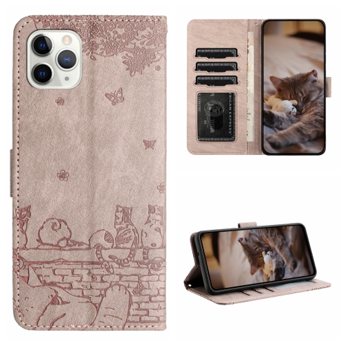

For iPhone 11 Pro Cat Embossing Pattern Leather Phone Case with Lanyard(Grey)