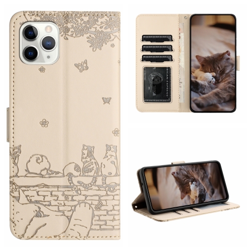 

For iPhone 11 Pro Cat Embossing Pattern Leather Phone Case with Lanyard(Beige)