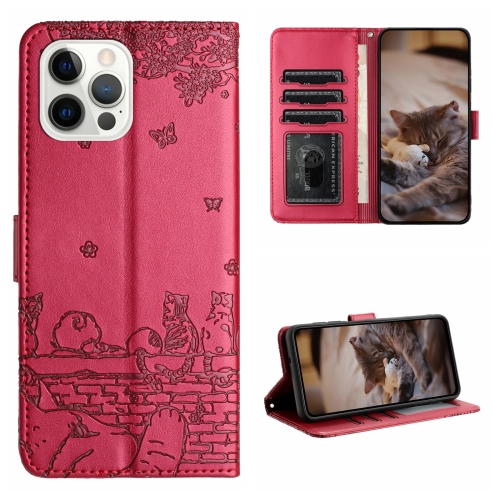 

For iPhone 12 Cat Embossing Pattern Leather Phone Case with Lanyard(Red)