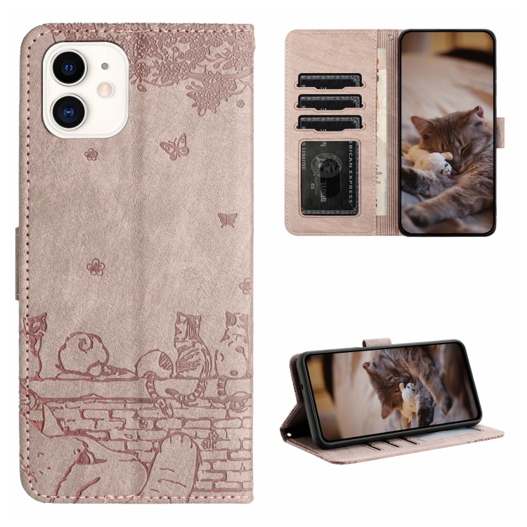 

For iPhone 12 mini Cat Embossing Pattern Leather Phone Case with Lanyard(Grey)