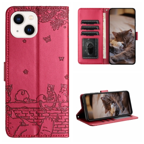 

For iPhone 13 Cat Embossing Pattern Leather Phone Case with Lanyard(Red)