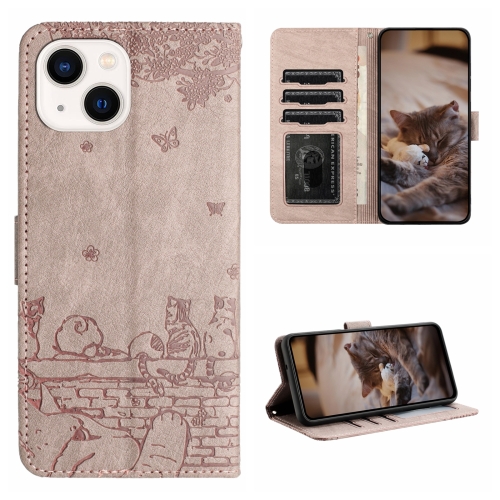 

For iPhone 13 Cat Embossing Pattern Leather Phone Case with Lanyard(Grey)