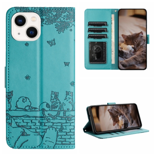 

For iPhone 13 mini Cat Embossing Pattern Leather Phone Case with Lanyard(Blue)