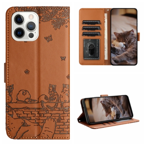 

For iPhone 13 Pro Cat Embossing Pattern Leather Phone Case with Lanyard(Brown)