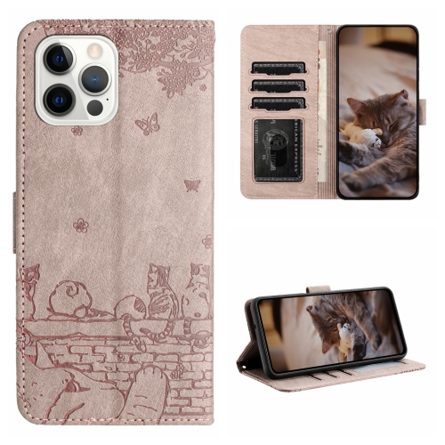 

For iPhone 13 Pro Cat Embossing Pattern Leather Phone Case with Lanyard(Grey)