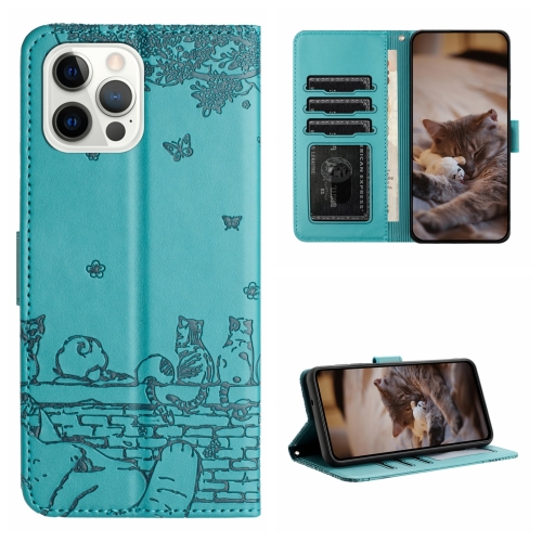 For iPhone 13 Pro Max Cat Embossing Pattern Leather Phone Case with Lanyard(Blue)