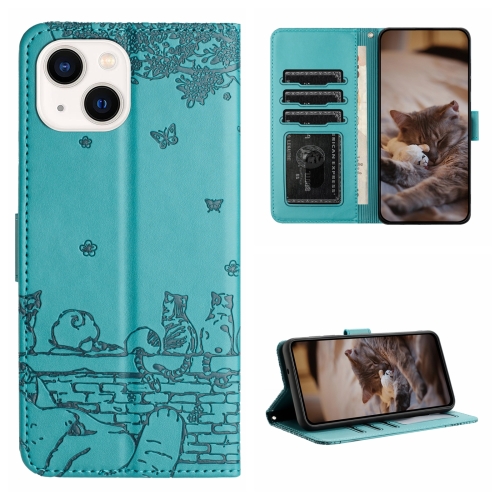 

For iPhone 14 Cat Embossing Pattern Leather Phone Case with Lanyard(Blue)