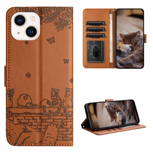 

For iPhone 14 Cat Embossing Pattern Leather Phone Case with Lanyard(Brown)