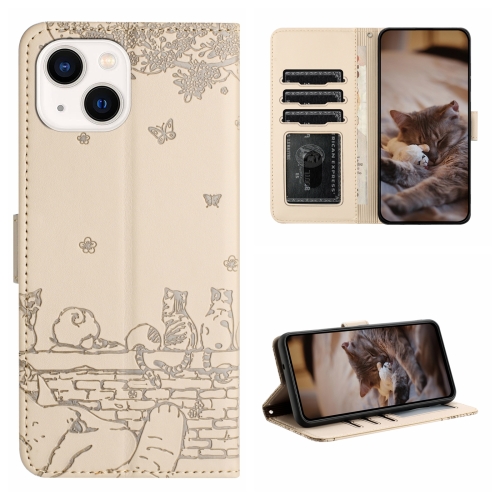 

For iPhone 14 Plus Cat Embossing Pattern Leather Phone Case with Lanyard(Beige)