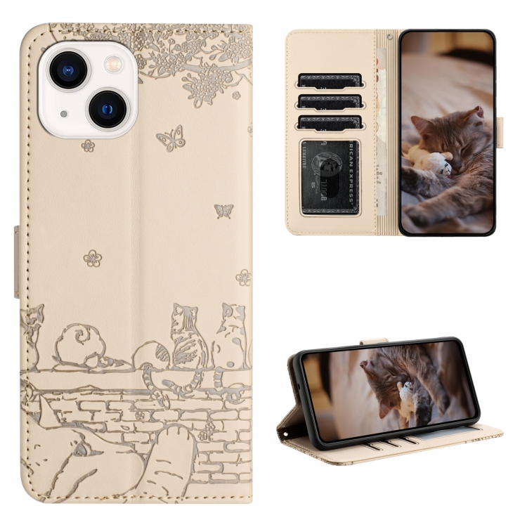 

For iPhone 15 Plus Cat Embossing Pattern Leather Phone Case with Lanyard(Beige)