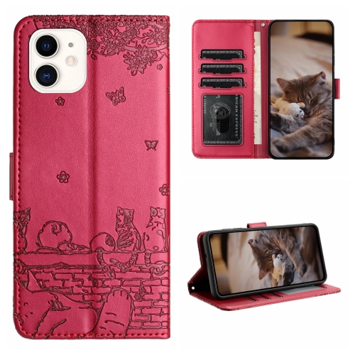 

For iPhone 11 Cat Embossing Pattern Leather Phone Case with Lanyard(Red)