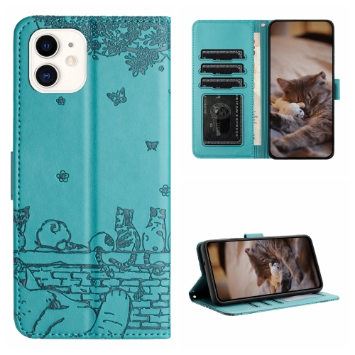 

For iPhone 11 Cat Embossing Pattern Leather Phone Case with Lanyard(Blue)