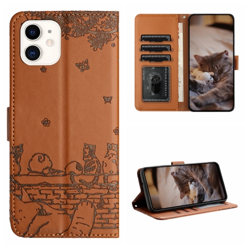 

For iPhone 11 Cat Embossing Pattern Leather Phone Case with Lanyard(Brown)