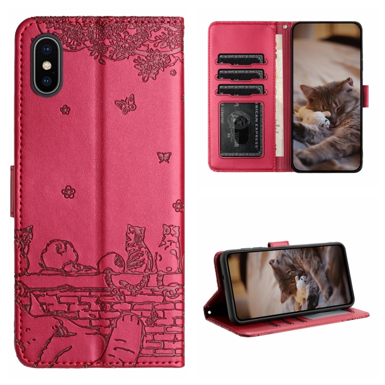 

For iPhone X Cat Embossing Pattern Leather Phone Case with Lanyard(Red)