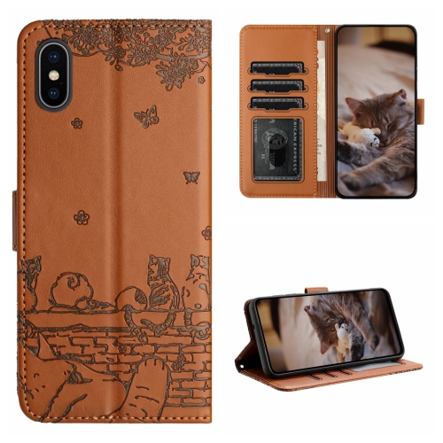 

For iPhone X Cat Embossing Pattern Leather Phone Case with Lanyard(Brown)