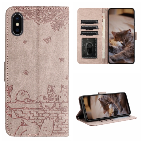 

For iPhone X Cat Embossing Pattern Leather Phone Case with Lanyard(Grey)