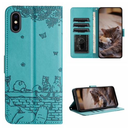 

For iPhone XS Max Cat Embossing Pattern Leather Phone Case with Lanyard(Blue)