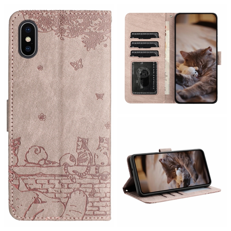 

For iPhone XS Max Cat Embossing Pattern Leather Phone Case with Lanyard(Grey)