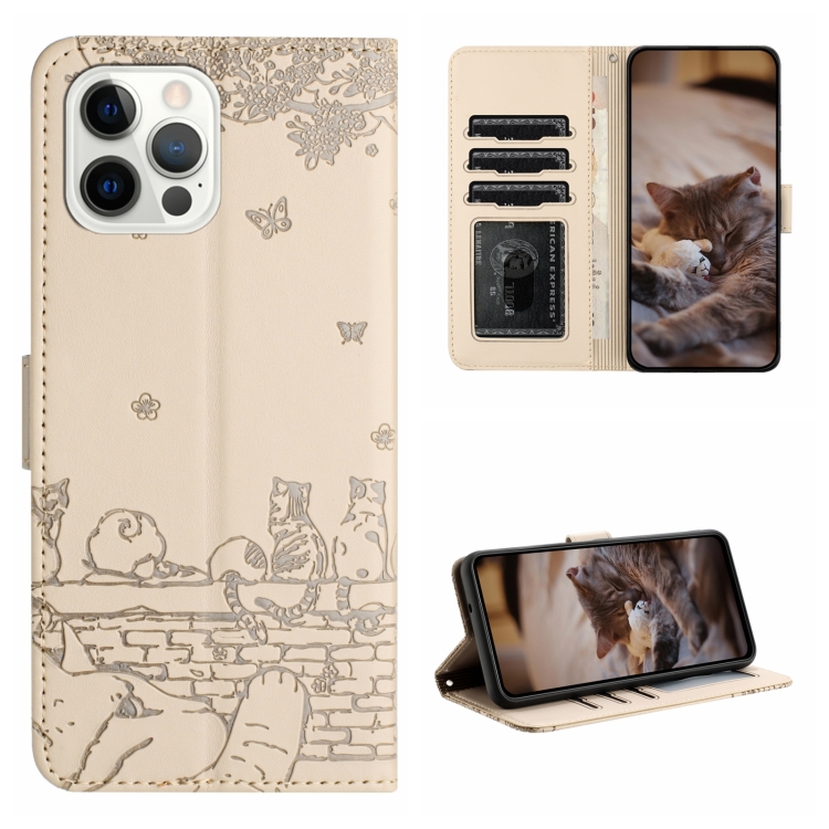 

For iPhone 14 Pro Cat Embossing Pattern Leather Phone Case with Lanyard(Beige)
