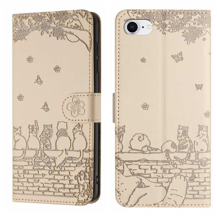 

For iPhone 16e Cat Embossing Pattern Leather Phone Case with Lanyard(Beige)