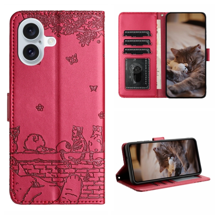 

For iPhone 16 Plus Cat Embossing Pattern Leather Phone Case with Lanyard(Red)