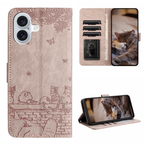 

For iPhone 16 Plus Cat Embossing Pattern Leather Phone Case with Lanyard(Grey)