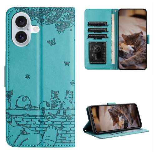 

For iPhone 16 Cat Embossing Pattern Leather Phone Case with Lanyard(Blue)