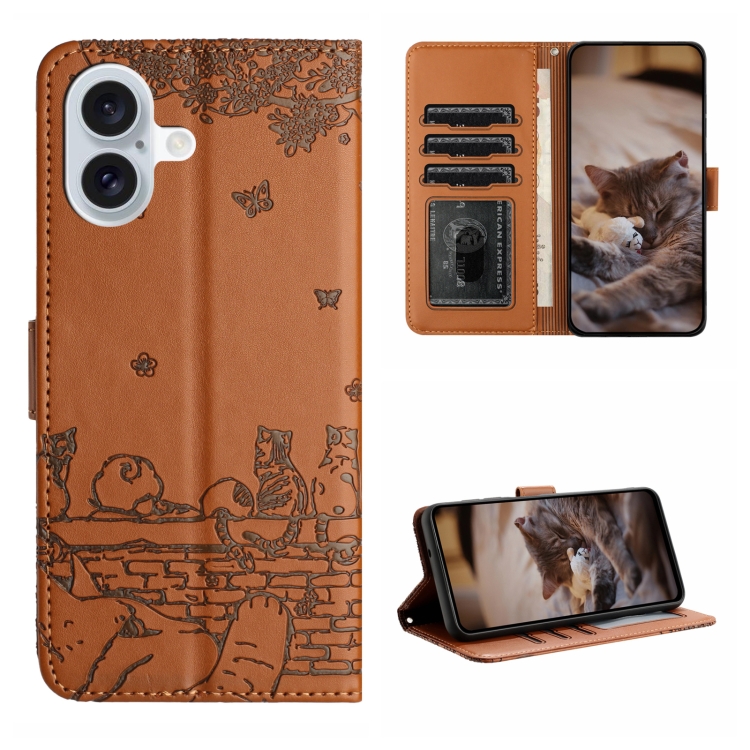 

For iPhone 16 Cat Embossing Pattern Leather Phone Case with Lanyard(Brown)