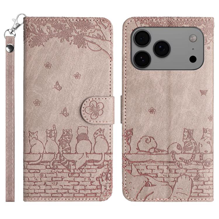 

For iPhone 17 Pro Cat Embossing Pattern Leather Phone Case with Lanyard(Grey)