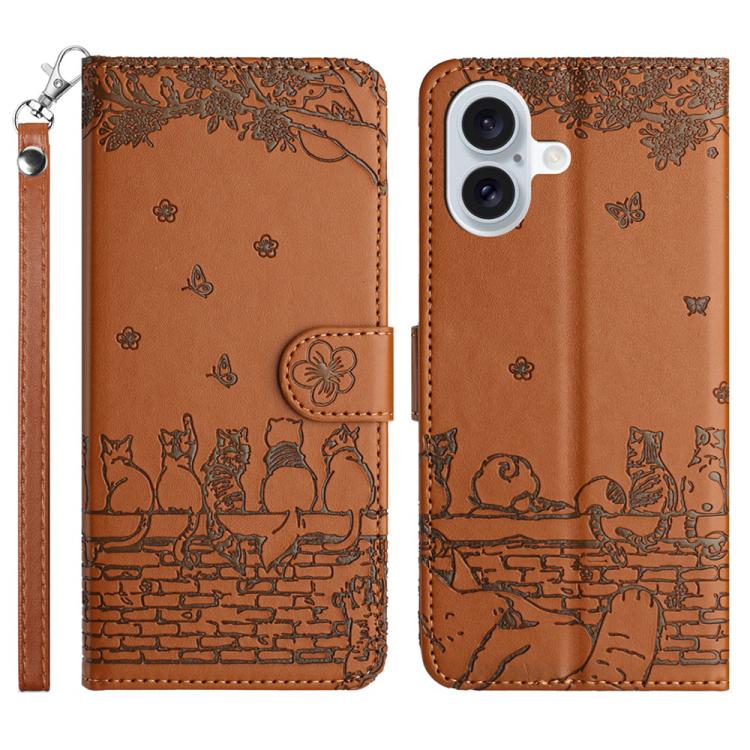 

For iPhone 17 Cat Embossing Pattern Leather Phone Case with Lanyard(Brown)