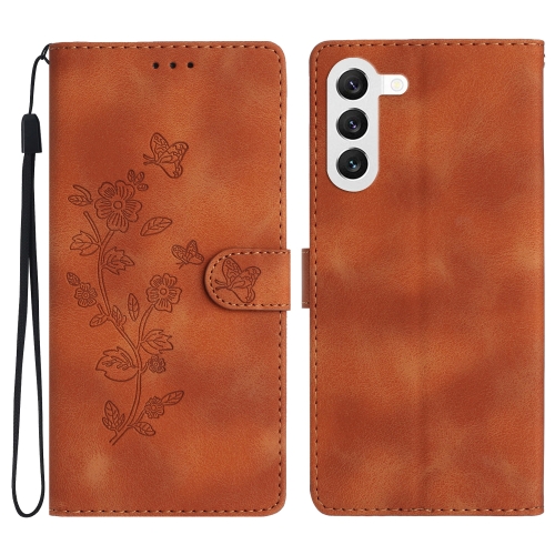 For Samsung Galaxy S23 5G Flower Butterfly Embossing Pattern Leather Phone Case(Brown) four season model crocodile pattern a stirrup lazy pointed leather shoes men s business formal youth large yards lofts cb143