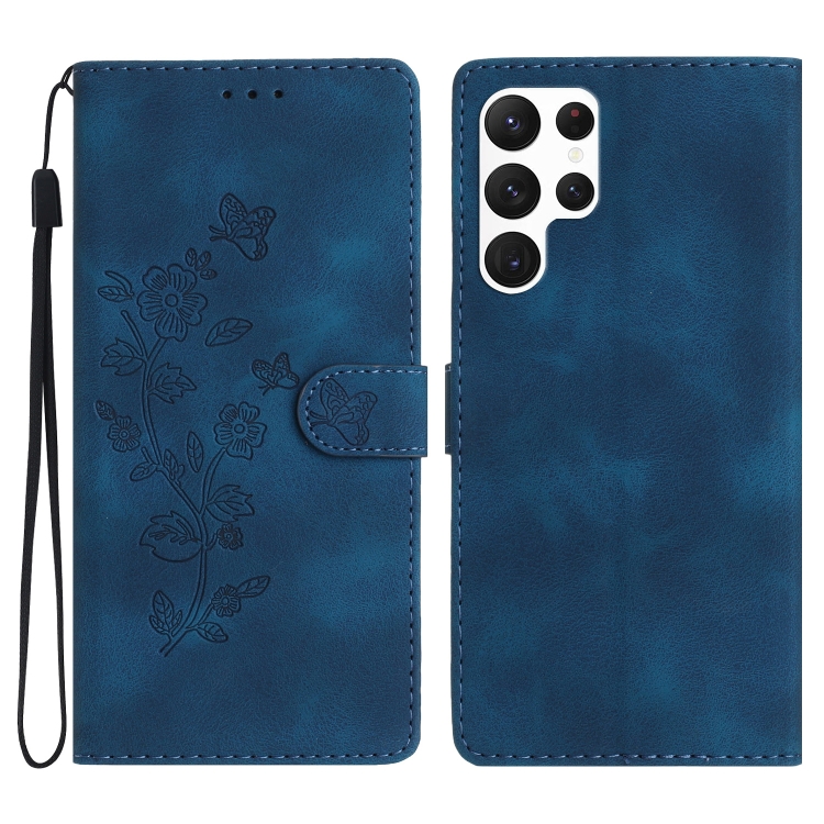 

For Samsung Galaxy S23 Ultra 5G Flower Butterfly Embossing Pattern Leather Phone Case(Blue)