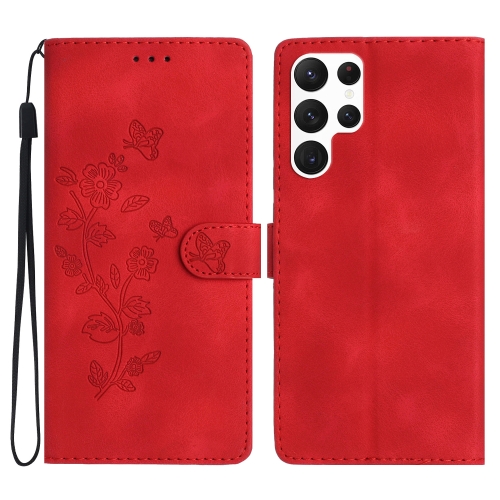 

For Samsung Galaxy S23 Ultra 5G Flower Butterfly Embossing Pattern Leather Phone Case(Red)