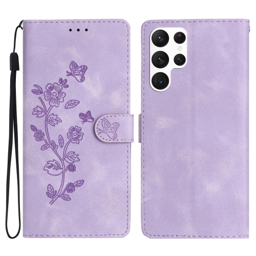 

For Samsung Galaxy S23 Ultra 5G Flower Butterfly Embossing Pattern Leather Phone Case(Purple)
