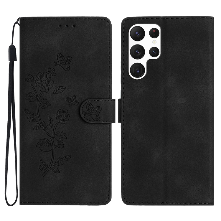

For Samsung Galaxy S23 Ultra 5G Flower Butterfly Embossing Pattern Leather Phone Case(Black)
